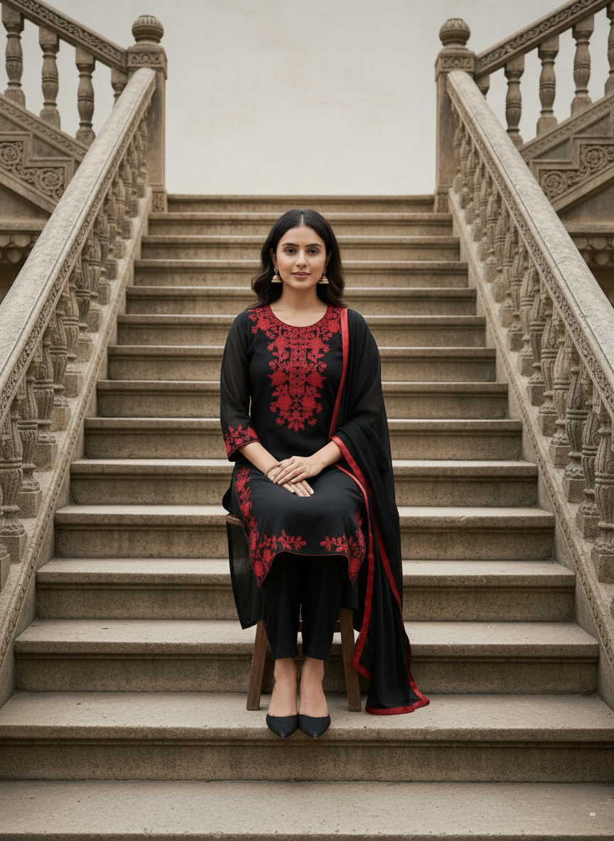 Black and Red Kurta Set with dupatta by Noir and Grace