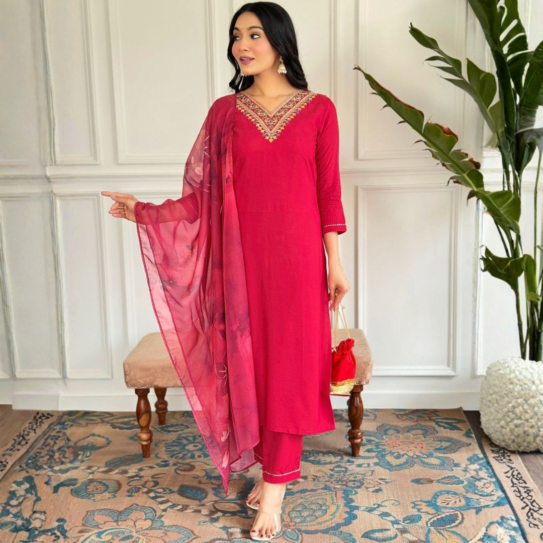 Magenta Rayon Kurta Set with dupatta by Noir and Grace