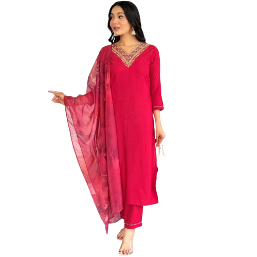 Magenta Rayon Kurta Set with dupatta by Noir and Grace