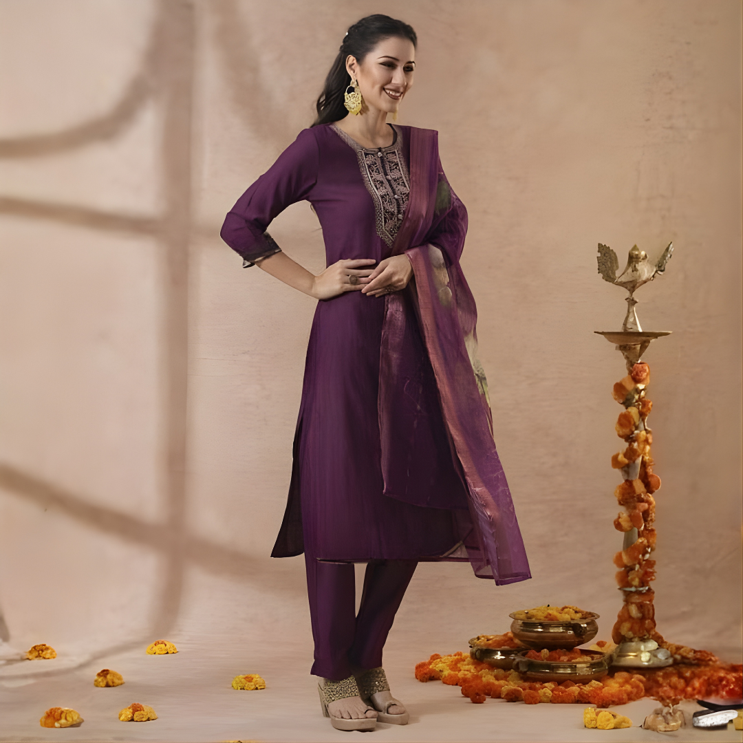 Plum Purple Rayon Kurta Set with dupatta by Noir and Grace