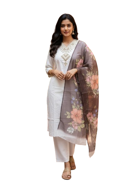 Ivory Rayon Kurta Set with dupatta by Noir and Grace