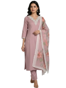 Dusty Rose Rayon Kurta Set with dupatta by Noir and Grace