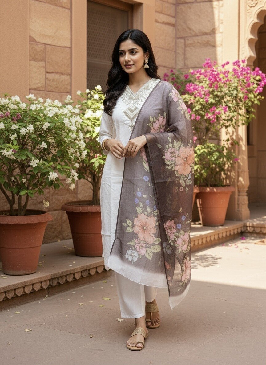 Ivory Rayon Kurta Set with dupatta by Noir and Grace