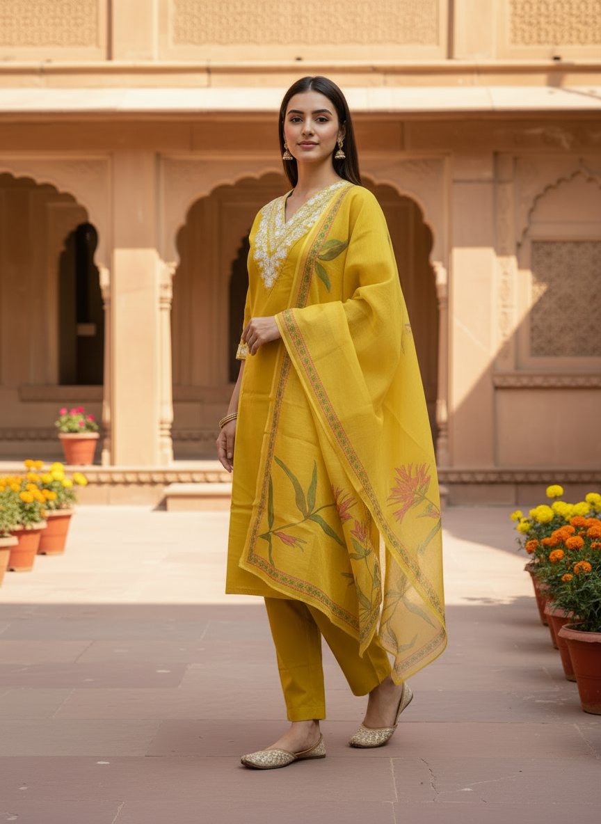 Sunshine Yellow Rayon Kurta Set with dupatta by Noir and Grace