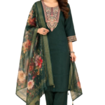 Bottle Green Silk Kurta Set with dupatta by Noir and Grace
