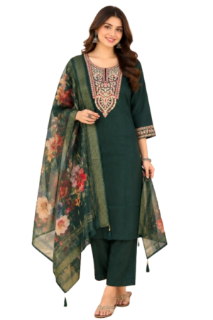 Bottle Green Silk Kurta Set with dupatta by Noir and Grace