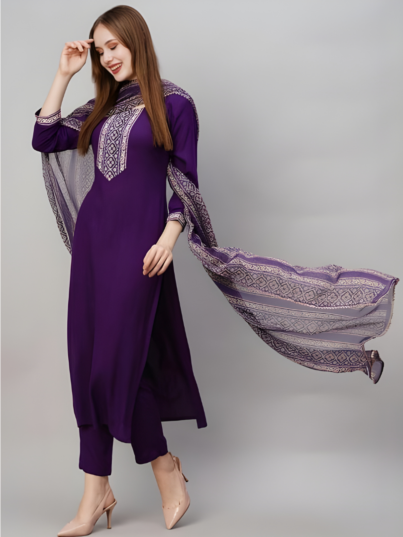 Royal Purple Rayon Kurta Set with dupatta by Noir and Grace