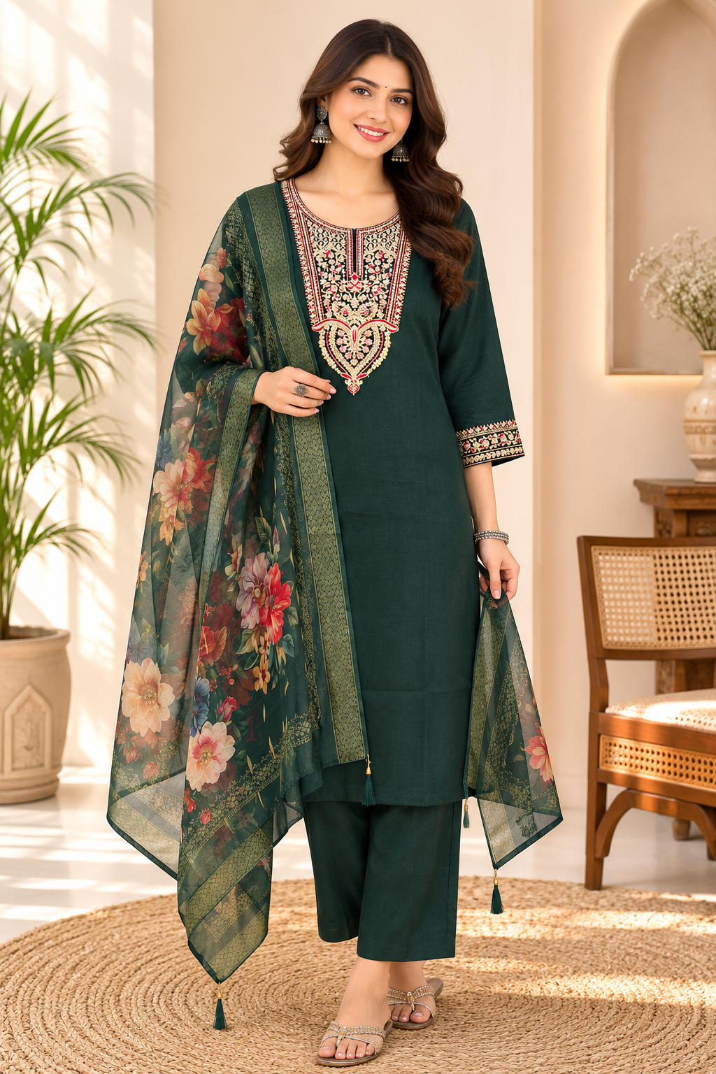 Bottle Green Silk Kurta Set with dupatta by Noir and Grace
