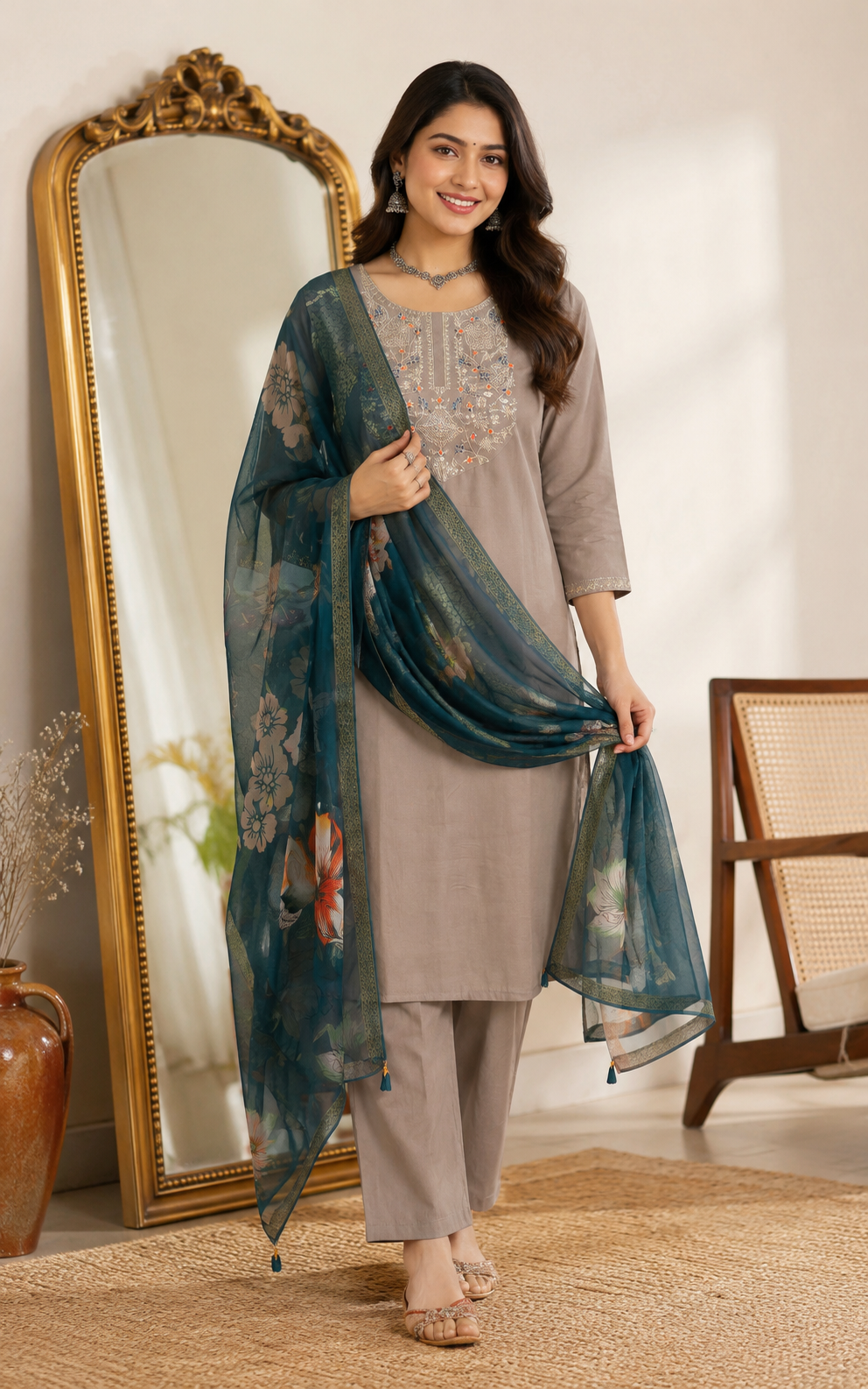 Taupe Grey Silk Kurta Set with dupatta by Noir and Grace