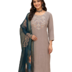 Taupe Grey Silk Kurta Set with dupatta by Noir and Grace