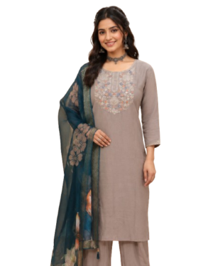Taupe Grey Silk Kurta Set with dupatta by Noir and Grace