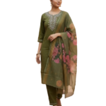 Olive Green Rayon Kurta Set with dupatta by Noir and Grace