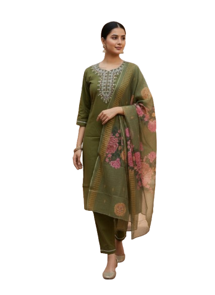 Olive Green Rayon Kurta Set with dupatta by Noir and Grace