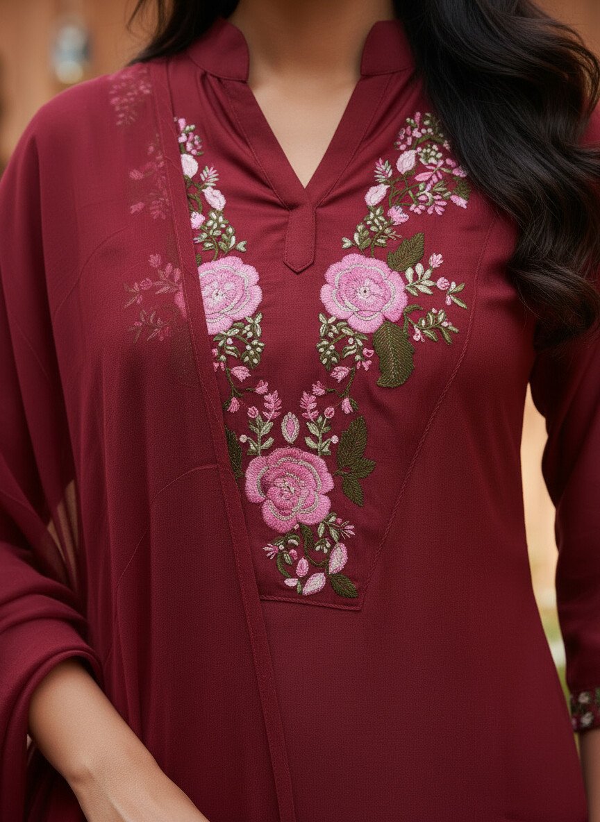 Deep Red Rayon Kurta Set with dupatta by Noir and Grace