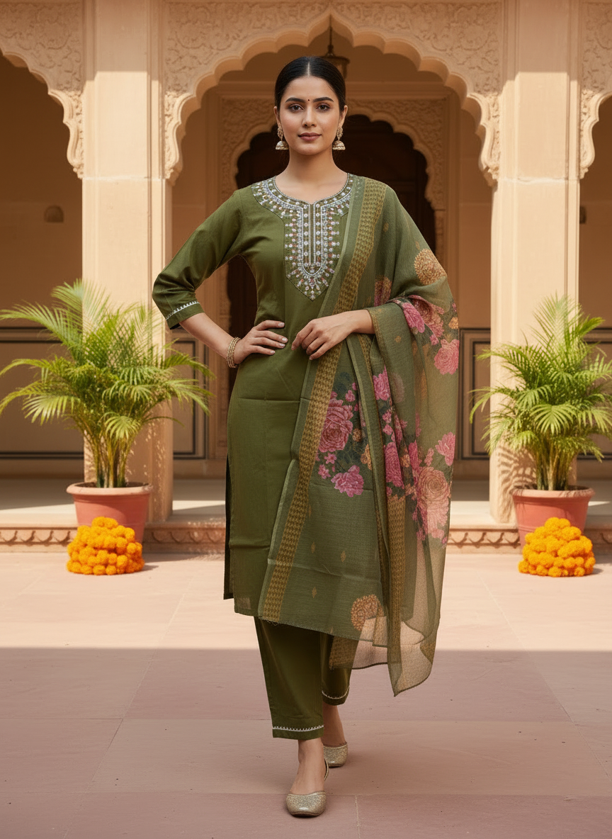 Olive Green Rayon Kurta Set with dupatta by Noir and Grace