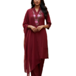 Deep Red Rayon Kurta Set with dupatta by Noir and Grace