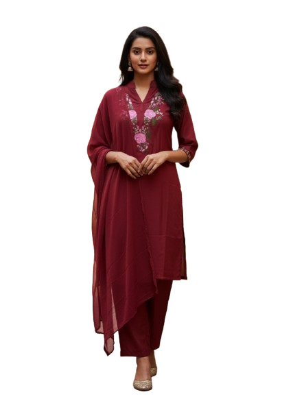 Deep Red Rayon Kurta Set with dupatta by Noir and Grace