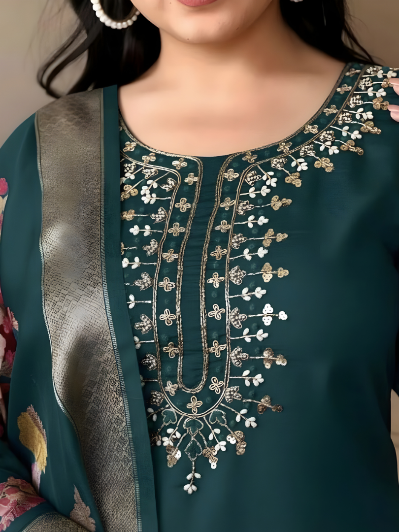 Deep Teal Rayon Kurta Set with dupatta by Noir and Grace