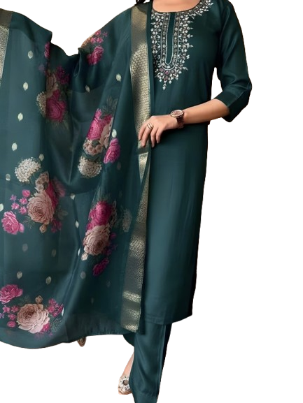 Deep Teal Rayon Kurta Set with dupatta by Noir and Grace