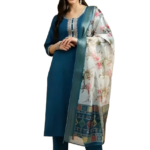 Peacock Blue Kurta Pant Set with dupatta by Noir and Grace