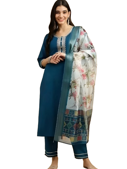 Peacock Blue Kurta Pant Set with dupatta by Noir and Grace