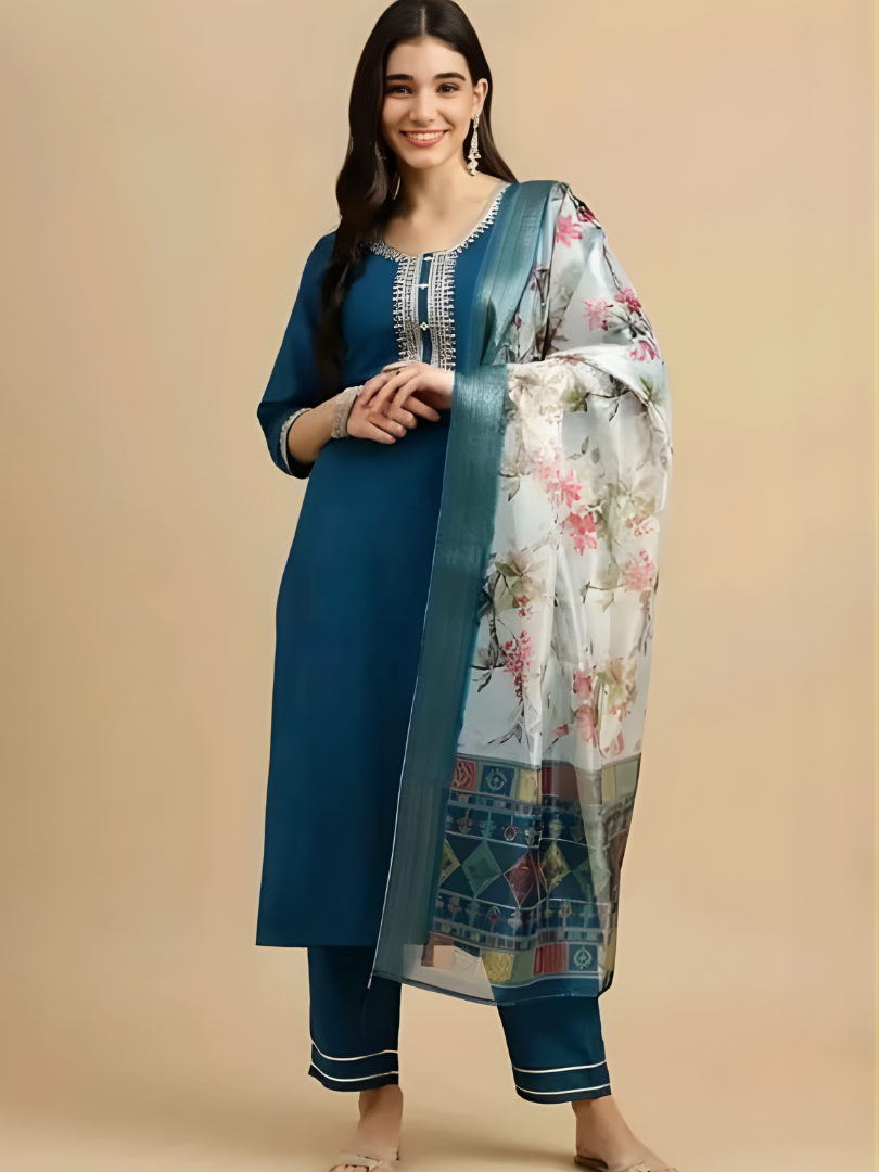 Peacock Blue Kurta Pant Set with dupatta by Noir and Grace