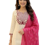 Off White Maroon Kurta Set with dupatta by Noir and Grace