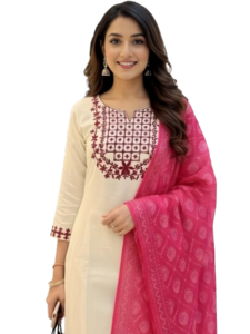 Off White Maroon Kurta Set with dupatta by Noir and Grace
