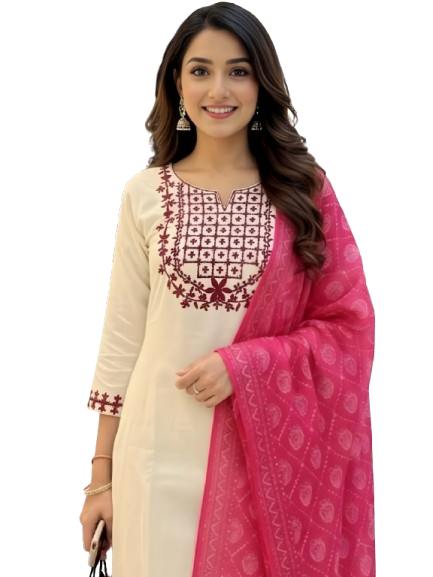 Off White Maroon Kurta Set with dupatta by Noir and Grace