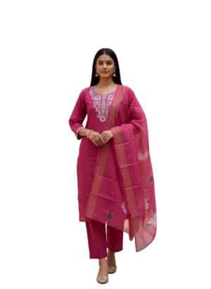 Rani Pink Rayon Kurta Set with dupatta by Noir and Grace
