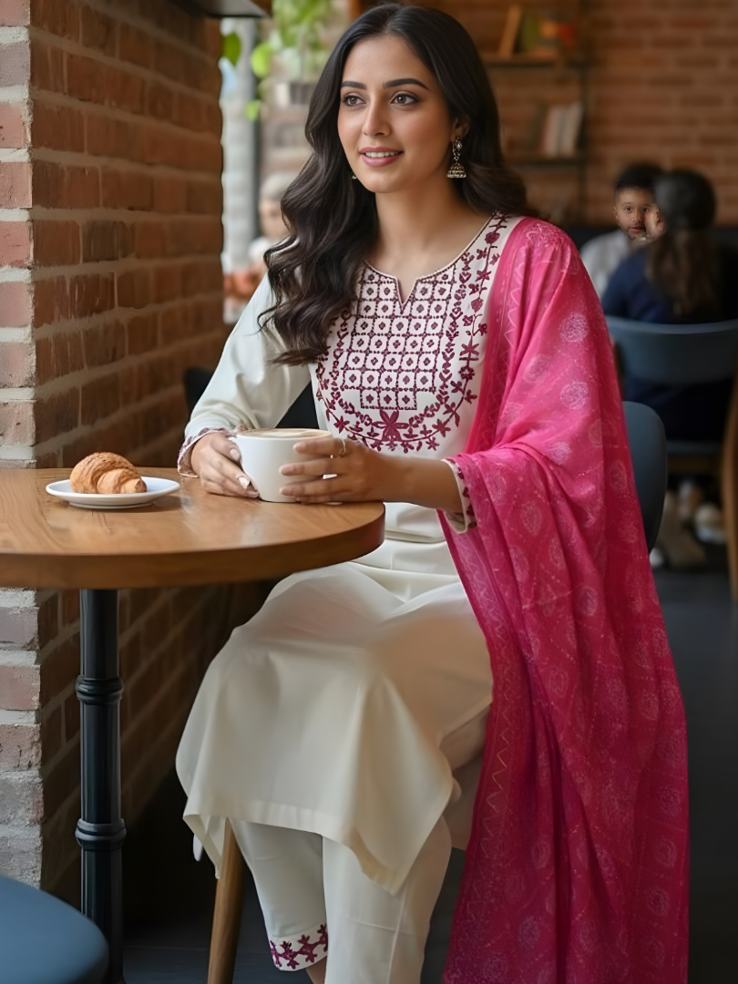 Off White Maroon Kurta Set with dupatta by Noir and Grace