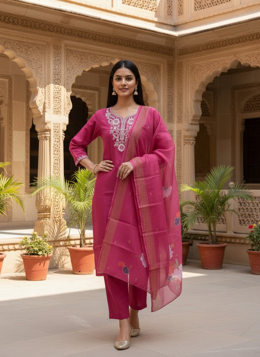 Rani Pink Rayon Kurta Set with dupatta by Noir and Grace