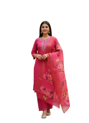 Deep Pink Rayon Kurta Set with dupatta by Noir and Grace