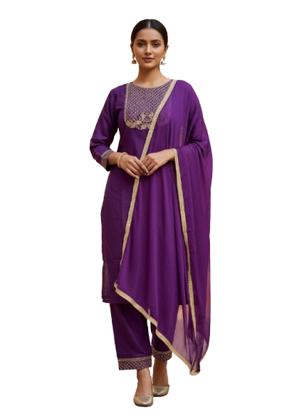 Deep Violet Rayon Kurta Set with dupatta by Noir and Grace