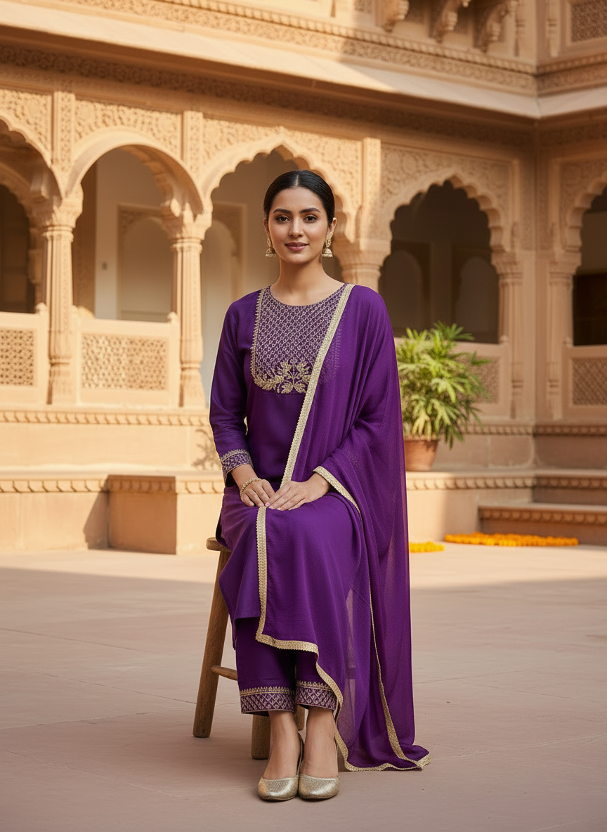 Deep Violet Rayon Kurta Set with dupatta by Noir and Grace