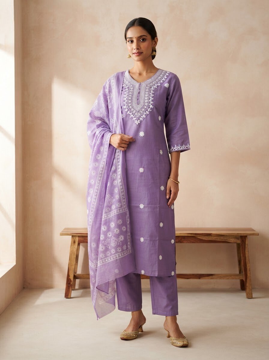 Lilac Rayon Kurta Set with dupatta by Noir and Grace