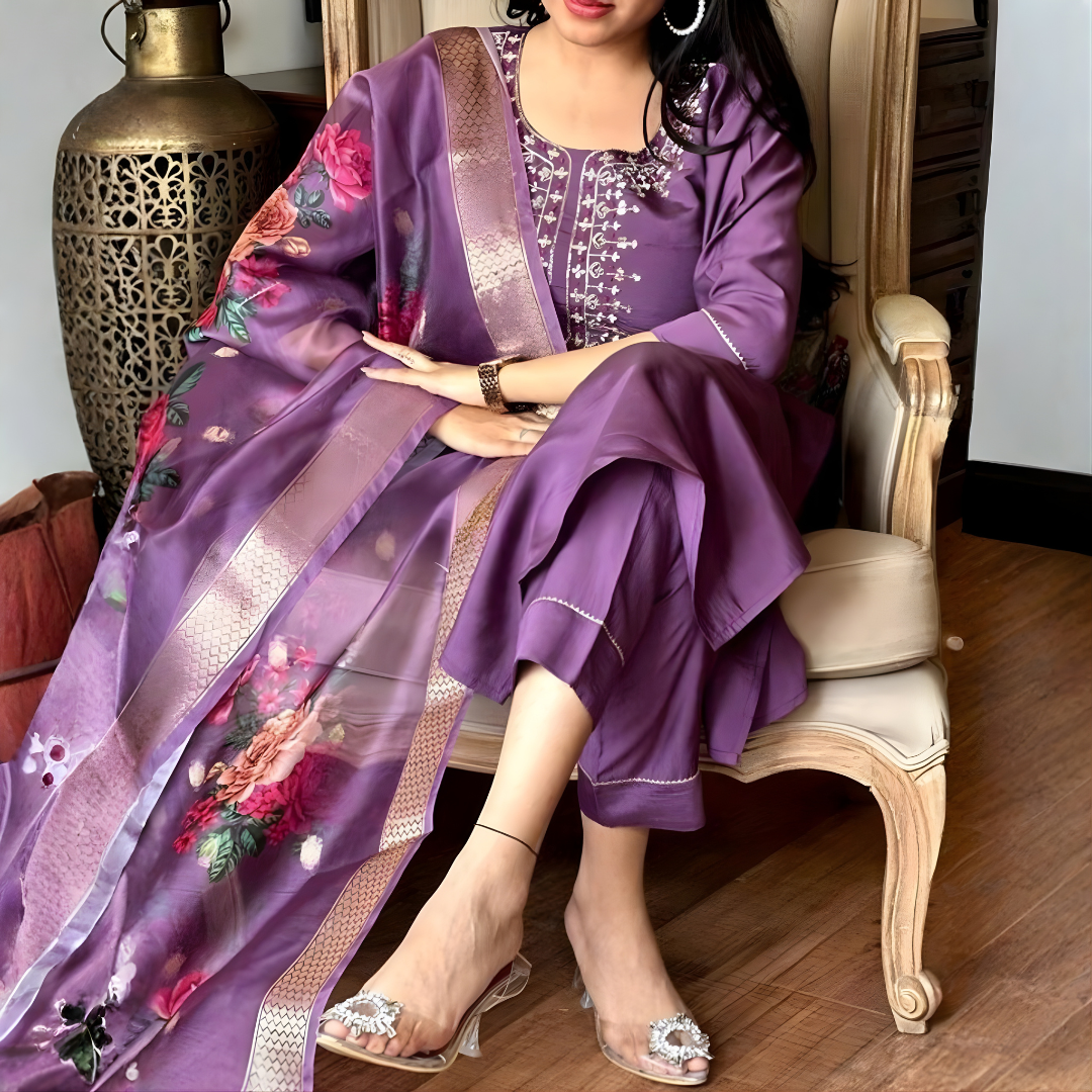 Purple Rayon Kurta Set with dupatta by Noir and Grace