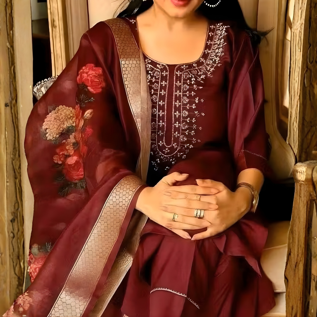 Maroon Rayon Kurta Set with dupatta by Noir and Grace