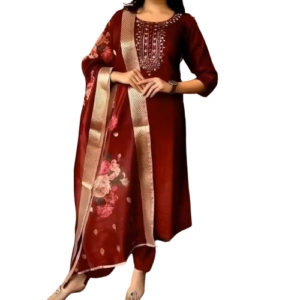 Maroon Rayon Kurta Set with dupatta by Noir and Grace