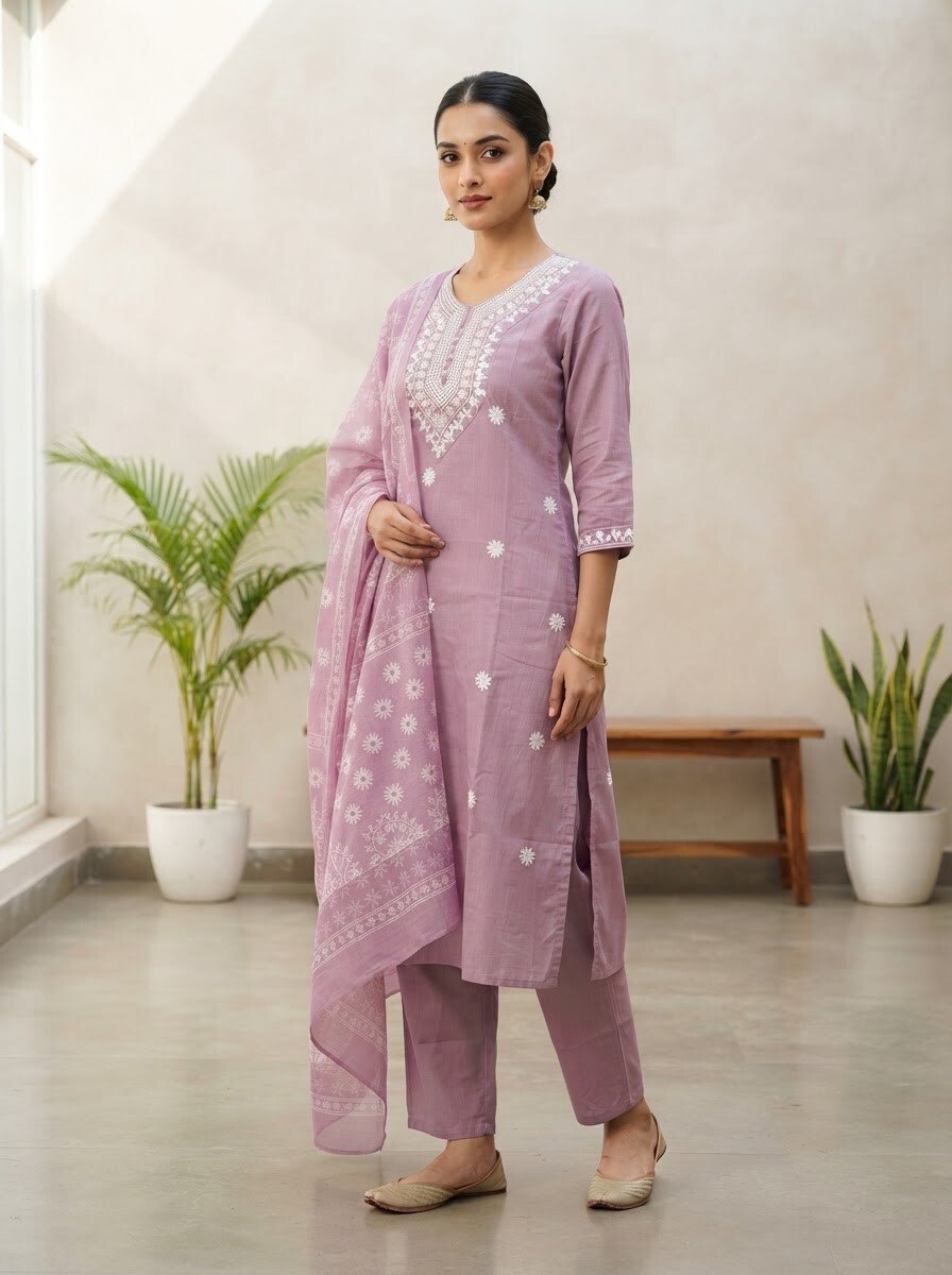 Mauve Rayon Kurta Set with dupatta by Noir and Grace