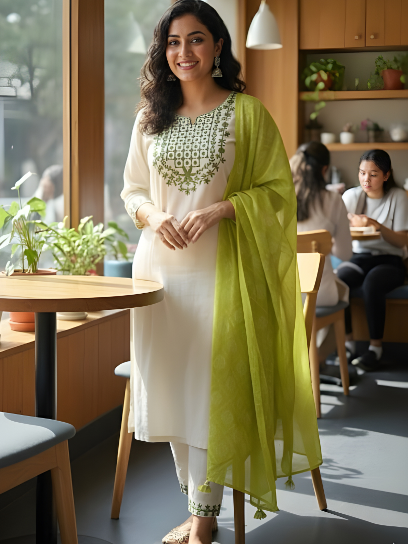 Off White Rayon Kurta Set with dupatta by Noir and Grace