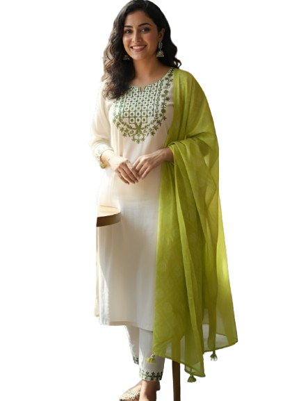Off White Rayon Kurta Set with dupatta by Noir and Grace