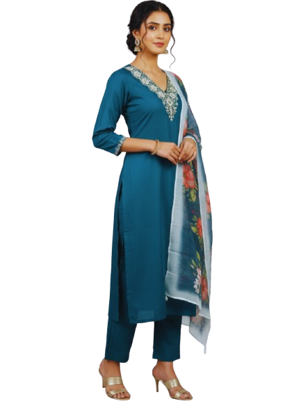 Deep Sea Blue Rayon Kurta Set with dupatta by Noir and Grace