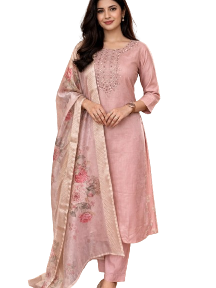 Dusty Pink Rayon Kurta Set with dupatta by Noir and Grace