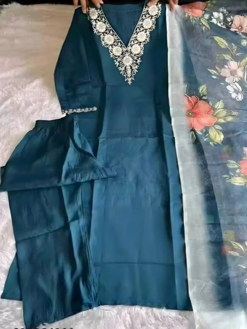 Deep Sea Blue Rayon Kurta Set with dupatta by Noir and Grace