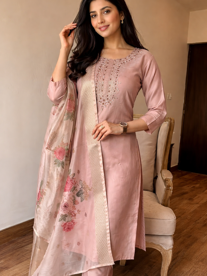 Dusty Pink Rayon Kurta Set with dupatta by Noir and Grace